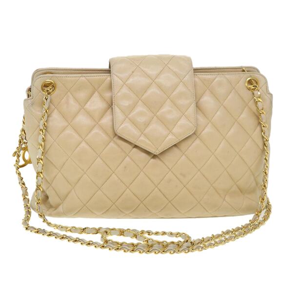 CHANEL Chain Shoulder Bag Lamb Skin Beige CC - Picture 1 of 16